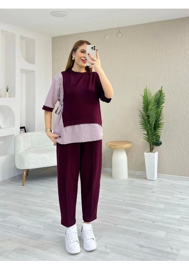 Kadın Kristal 2 Iplik Kumaş Yanları Çizgili Takım Bordo