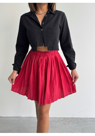 Kadın Modal Dokulu Piliseli Şortlu Mini Etek Kırmızı