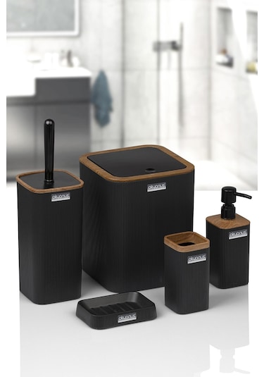 Okyanus Home Mina Siyah Ahşap Desenli Çizgili Kare 5'li Banyo Seti Siyah