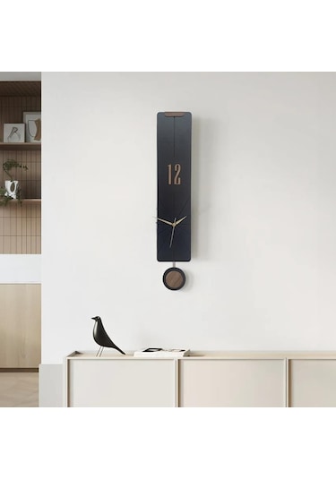 Cajuart Modern Uzun Ahşap Siyah Çarpraz Çizgili Sarkaçlı Duvar Saati