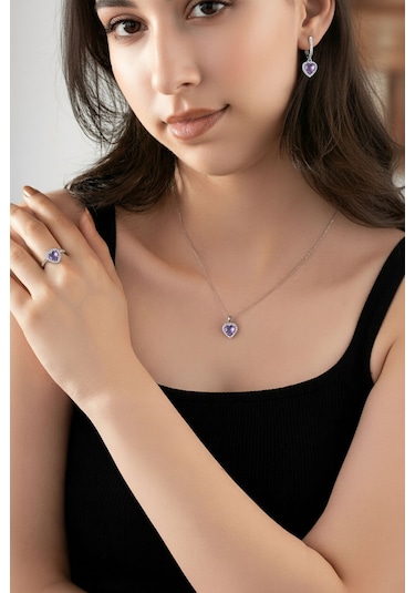 925 Ayar Ametist Taşlı Rodyum Pırlanta Işıltılı Kalp 3'lü Gümüş Set-takım Ayarlanabilir Rs10053 Gümüş