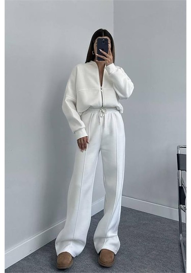 Neşeli Butik Kadın Penye 3 İplik Şardonlu Kumaş Eşofman Takımı Gts022 - Ekru Ekru