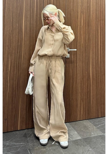 Madmext Bej Basic Kadın Gömlek Pantolon İkili Takım Mg2352 Bej