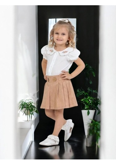 Yakası Dantelli Kız Çocuk Şort Etekli Takım Kahverengi
