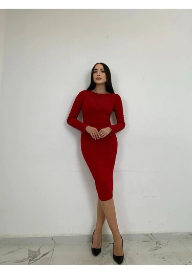 Modatalika Kadın Midi Boy Uzun Kol Özel Tasarım Boncuk İşlemeli Trend Elbise Bordo