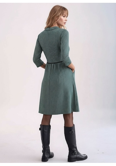 Kadın Degaje Yaka Uzun Kollu Cepli Büyük Beden Curve Şık Elbisesi Mavi