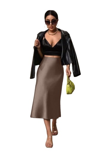 Kadın Saten Kalça Balık Etek Kahverengi