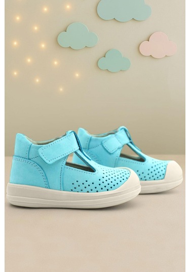 Rakerplus Shaun Hakiki Deri Mavi Beyaz Cırtlı Anatomik Bebek Sandalet Mavi