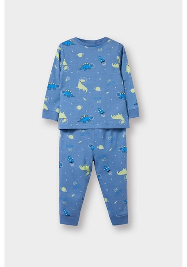 Defacto Erkek Bebek Pijama Takımı Dinozor Baskılı Uzun Kollu Penye Üst Uzun Alt E9472a525aube534 Mavi