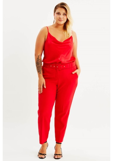 Cep Detaylı Kemerli Klasik Pantolon-1619 Kırmızı