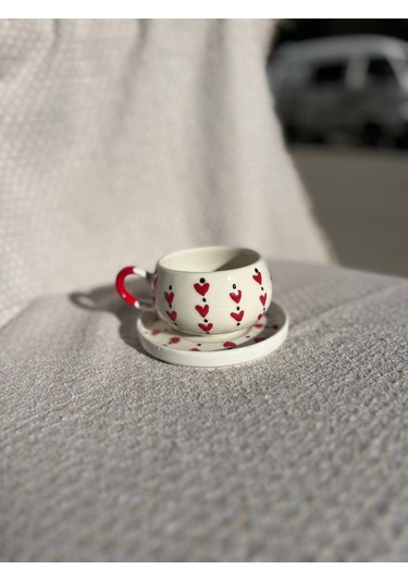 El Yapımı Seramik Kupa, Mug, Türk Kahvesi Bardağı Kalp Desenli