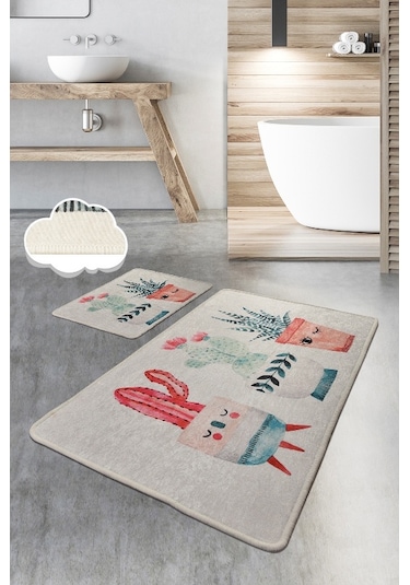Happy Cactus 2 Lı Set Banyo Halısı, Paspas Çok Renkli