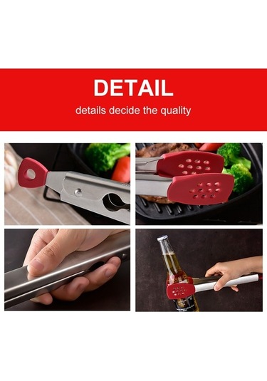 Pazly Barbekü Biftek Klipsi - Paslanmaz Çelik Ve Silikon - Yüksek Sıcaklık Dayanıklı - Gıda Kelepçesi - Kırmızı Kırmızı