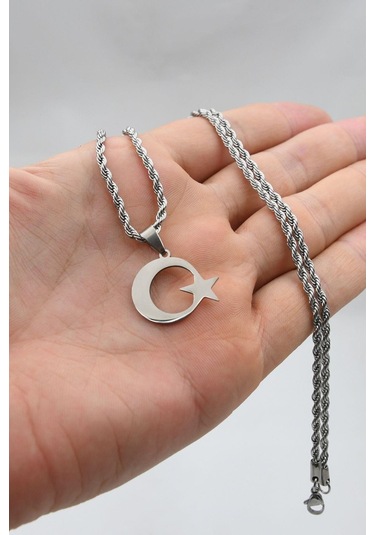 Ay Yıldızlı - Ay Yıldız Kolye Paslanmaz Çelik Zincir 902300 Gümüş