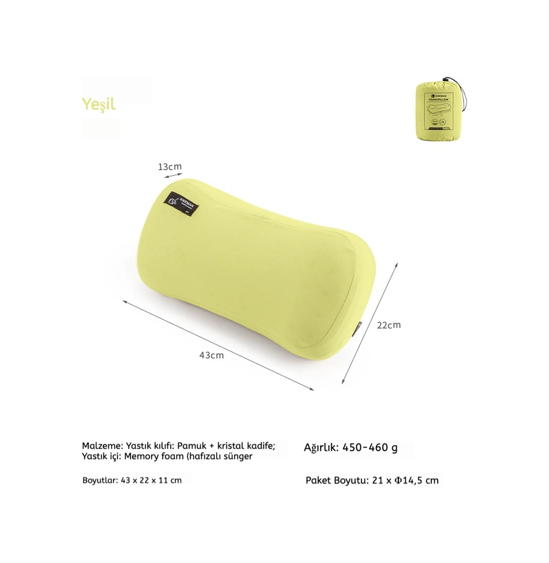Hıkeman Kamp Yastığı Hafif, Memory Foam Seyahat, Kamp, Ofis Ve Bel Destek Yastığı Yeşil