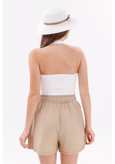Genius Store Genıus Store Kadın Şort Aerobin Pamuklu Cepli Çekmez Kumaş Beli Lastikli Şort Bej