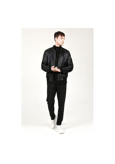 Dericlub Kolej Jumbo Gerçek Deri Erkek Mont-Siyah