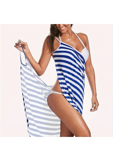Spagetti Askılı Şık Çizgili V Yaka Plaj Elbisesi Mavi