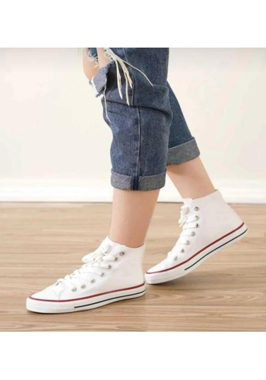 Bağcıklı Unisex Uzun Keten Ayakkabı-beyaz-112 Beyaz