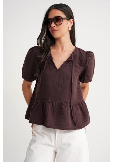 4715 Kadın Yakası Bağlamalı Kısa Kol Müslin Bluz Kahve Kahve