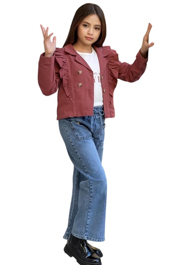 Kız Çocuk Ceket Fırfır Detay Kiremit Renk Ceket Tişört Üçlü Takım Kiremit