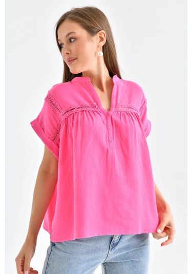 Dantel Detay Kısa Dokuma Bluz FUŞYA
