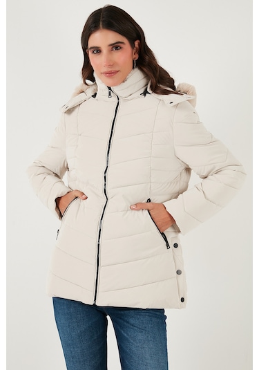 Lela Kapitoneli Slim Fit Çıkarılabilir Kapüşonlu Bayan Mont 497Mara Taş