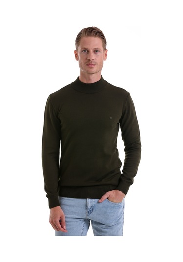 Hatemoğlu Regular Fit Düz Yarım Balıkçı Yaka Erkek Triko Kazak Haki