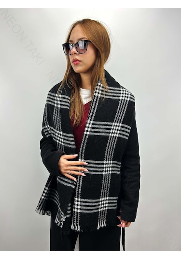 Siyah Fonda Beyaz Desenli, Şal Atkı 4, 180cm Püsküller Dahil X70cm Siyah Beyaz