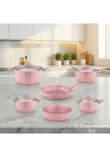 10 Parça Granit Set Cam Kapak - Pembe Pembe
