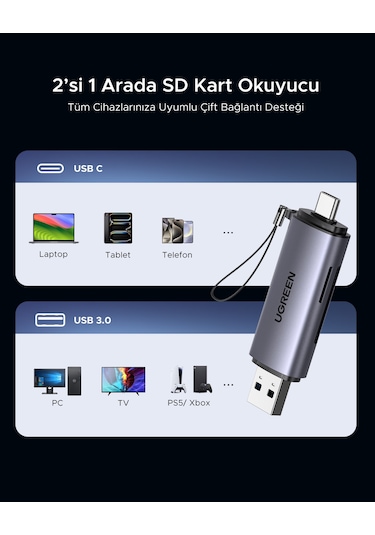 Ugreen 2-in-1 Usb-c, Usb-a Sd, Tf Otg Kart Okuyucu Adaptör, 50706