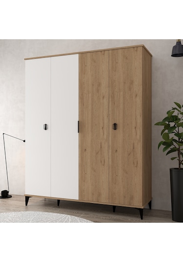 6403 Neva 4 Kapılı 200 Cm Gizli Çekmeceli Gardırop , Elbise Dolabı , Genç Odası Beyaz - Sepet