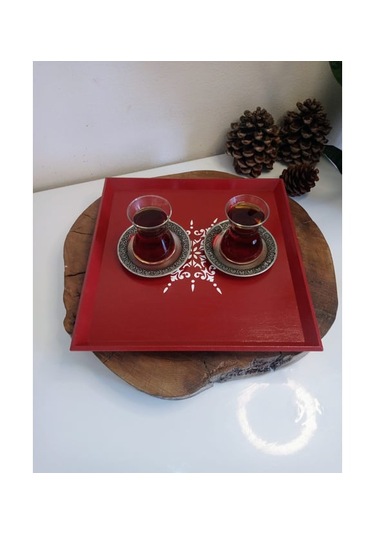 Yeni Yıl Tepsisi Ahşap Dekoratif Kare Kahve, Çay, Söz, Nişan, Sunum , Servis Tepsisi Kırmızı