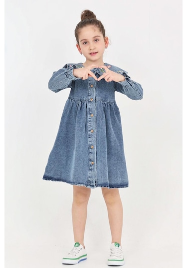 Kız Çocuk Yaka Detaylı Ve Boydan Düğmeli Jean Elbise 12339 İndigo