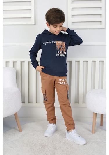 Moving Forward Kargo Cep Kapüşonlu 2 İplik Şardonlu Alt-üst Erkek Çocuk Eşofman Takımı Lacivert