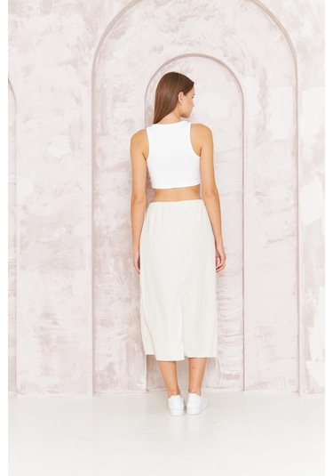 Kadın Ekru Paraşüt Etek Midi Cep Detaylı Beli Lastikli Stoperli Dm2036 Ekru