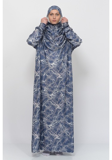 Pratik Tek Parça Ağaç Desenli Kollu Tak Çıkar Başörtülü Likralı Tesettür Namaz Elbisesi 990-0705 Lacivert Antrasit