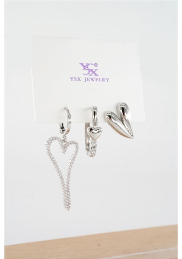 Kadın Vip Seri Antialerjik Baget Zirkon Taşlı 3'lü Küpe-5148 Gümüş