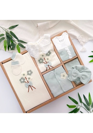 10 Parça Bebek Hastane Çıkışı Fiyonk Ve Çiçek Detaylı Yeşil Yeşil