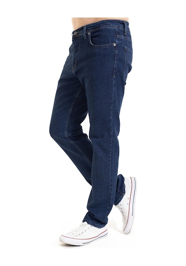 Yeni Sezon Erkek Dört Mevsimlik Likralı Regular Tam Kalıp Düz Paça Fermuarlı Yüksek Kaliteli Kot Pantolon 720-Dark Blue Koyu Mavi