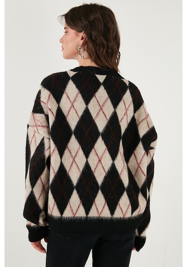 Lela Oversize Fit Bisiklet Yaka Baklava Desenli Yumuşak Dokulu Bayan Kazak 4616223 Siyah