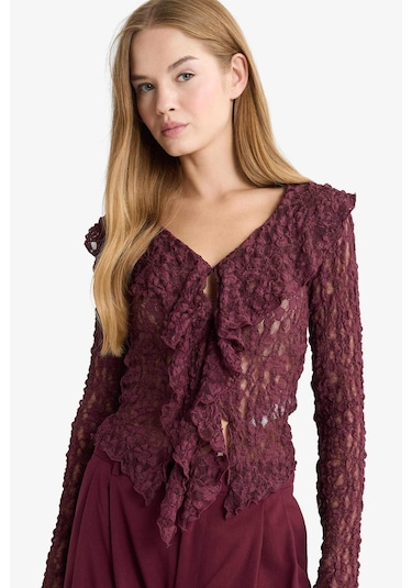 Defacto Slim Fit Dar Kesim V Yaka Volanlı Dantel Uzun Kollu Bluz G4439ax25wnbr232 Bordo-br232 Defacto Slim Fit Dar Kesim V Yaka Volanlı Dantel Uzun Kollu Bluz G4439ax25wnbr232 Bordo-br232