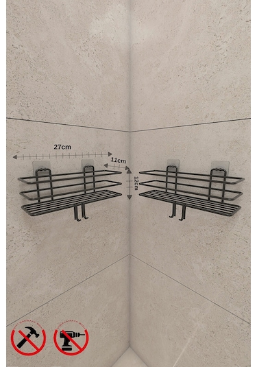 Alper Banyo Yapışkanlı Kancalı 2 Adet Banyo Rafı Banyo Duş Askısı Mat Siyah