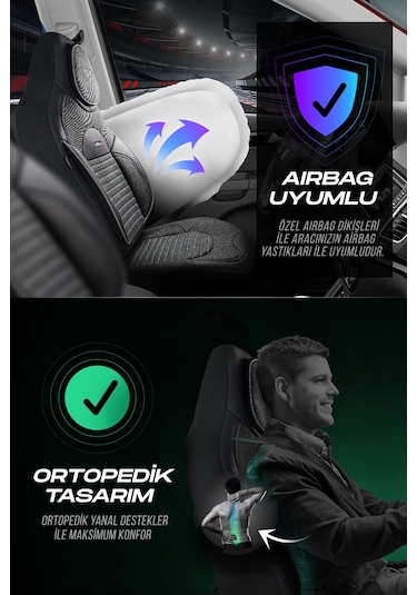 Füme - Gri Panda Enzo Serisi Keten Kumaş Oto Koltuk Kılıfı - Tam Set