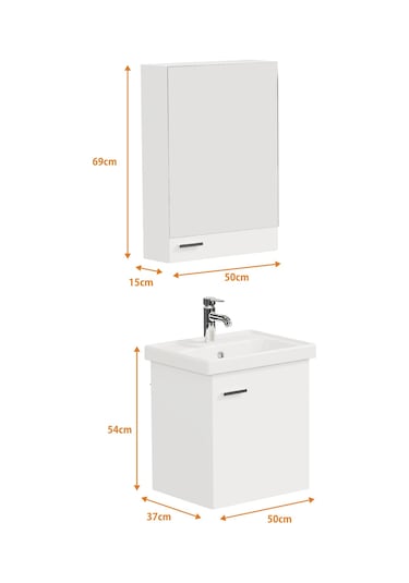 Aqua Bagno Basic Alt Dolap + Üst Dolap -lavabo Dahil-beyaz ,50 Cm. 3 Parça Beyaz