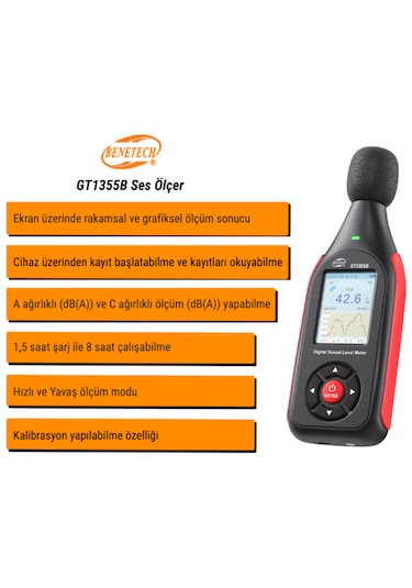 Benetech Gt1355b Renkli Ekranlı Kayıt Yapabilen Ses Ölçer Şarj Edilebilir