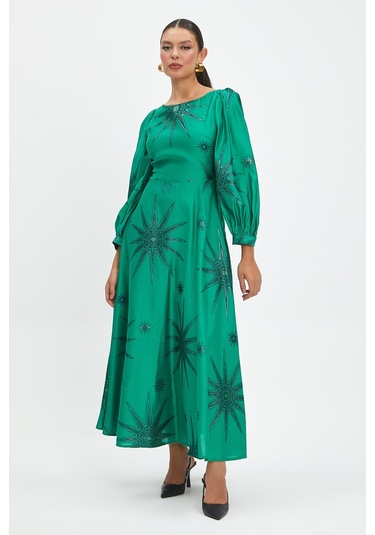 Parlak Yıldız Desenli Elbise - Zamansız Tasarım Ve Şık Detaylar Yeşil