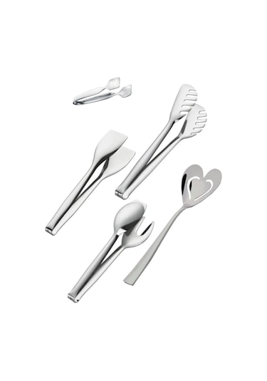 Nehir Paslanmaz 5 Parça Çelik Pasta Makarna Servis Kaşık Şeker Maşa Seti Takımı Gri