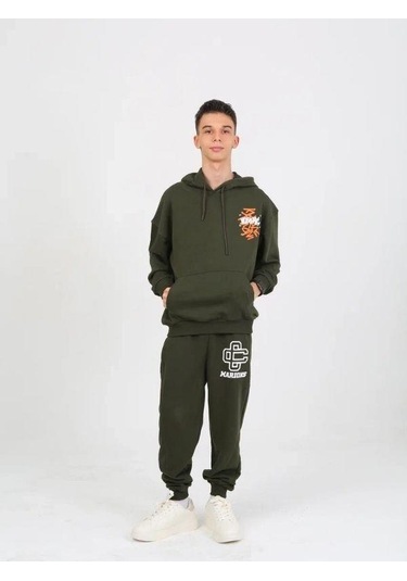 Erkek Çocuk 2 İplik Yazı Detaylı Kapüşonlu Sweatshirt-15232 Haki