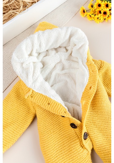 Triko Örme Welsoft Astarlı Kapüşonlu Kışlık Bebek Tulum Sarı